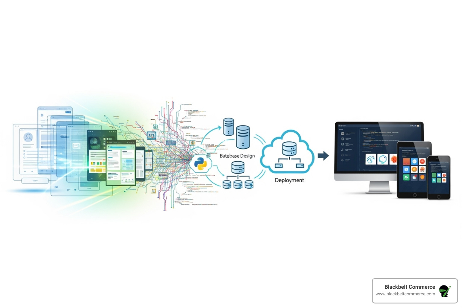 Flowchart showing developer responsibilities from UI/UX design to backend logic, database management, and final deployment - e-commerce developers
