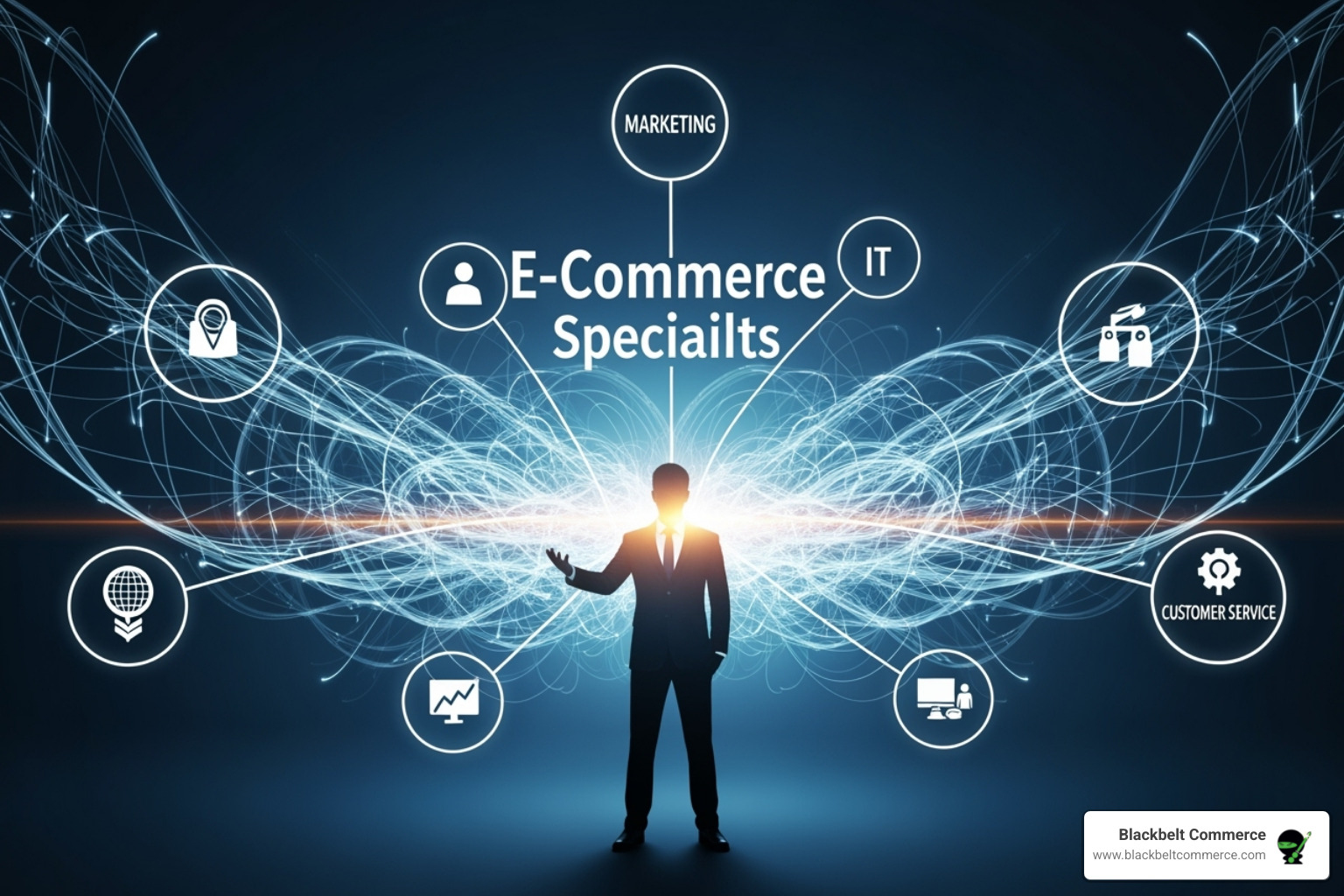 Image of a flowchart showing how an e-commerce specialist connects different business departments like marketing, sales, and IT - electronic commerce specialist