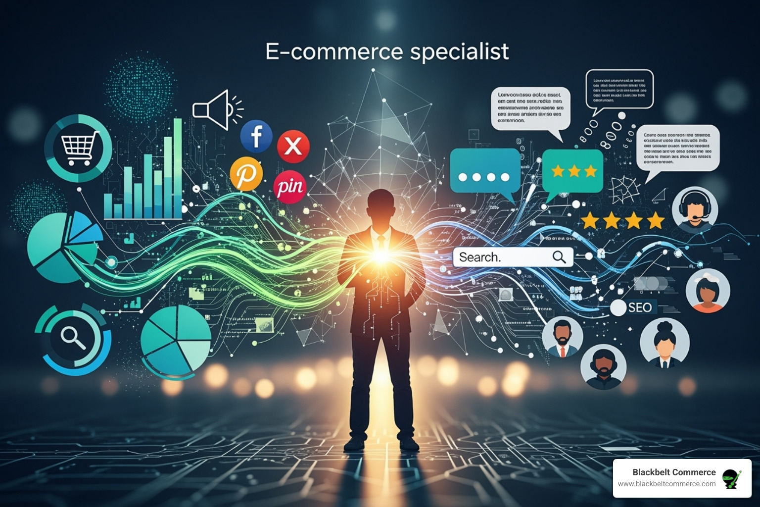 Image of a word cloud highlighting key skills like SEO, Data Analysis, Shopify, Communication, and Problem-Solving - electronic commerce specialist