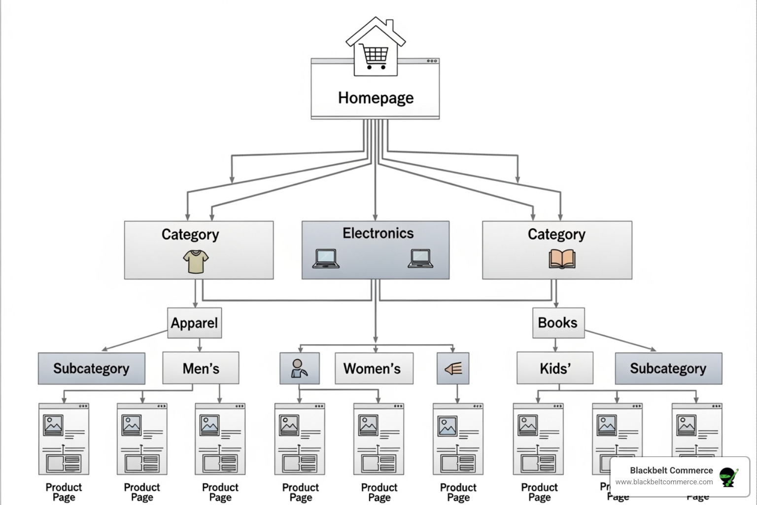 Diagram showing a logical e-commerce site structure with arrows indicating navigation from Homepage to Categories to Subcategories to Product Pages - Shopify SEO best practices