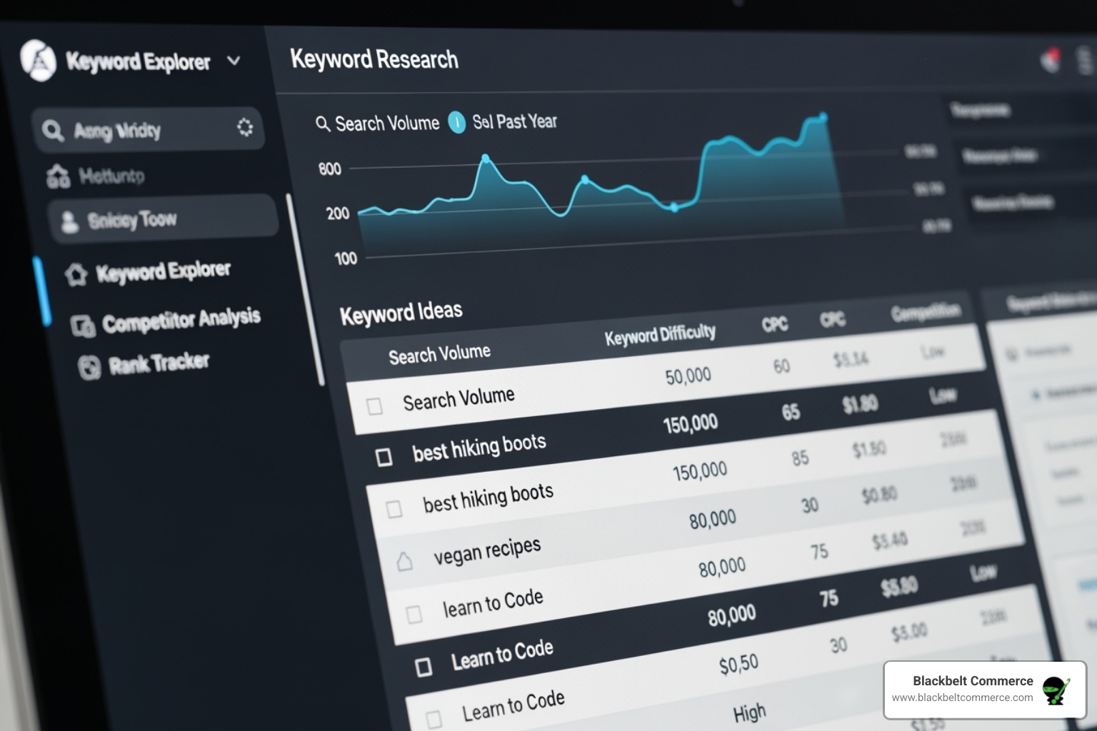 Image of a keyword research tool interface showing keyword ideas, search volume, and difficulty scores - Shopify SEO best practices