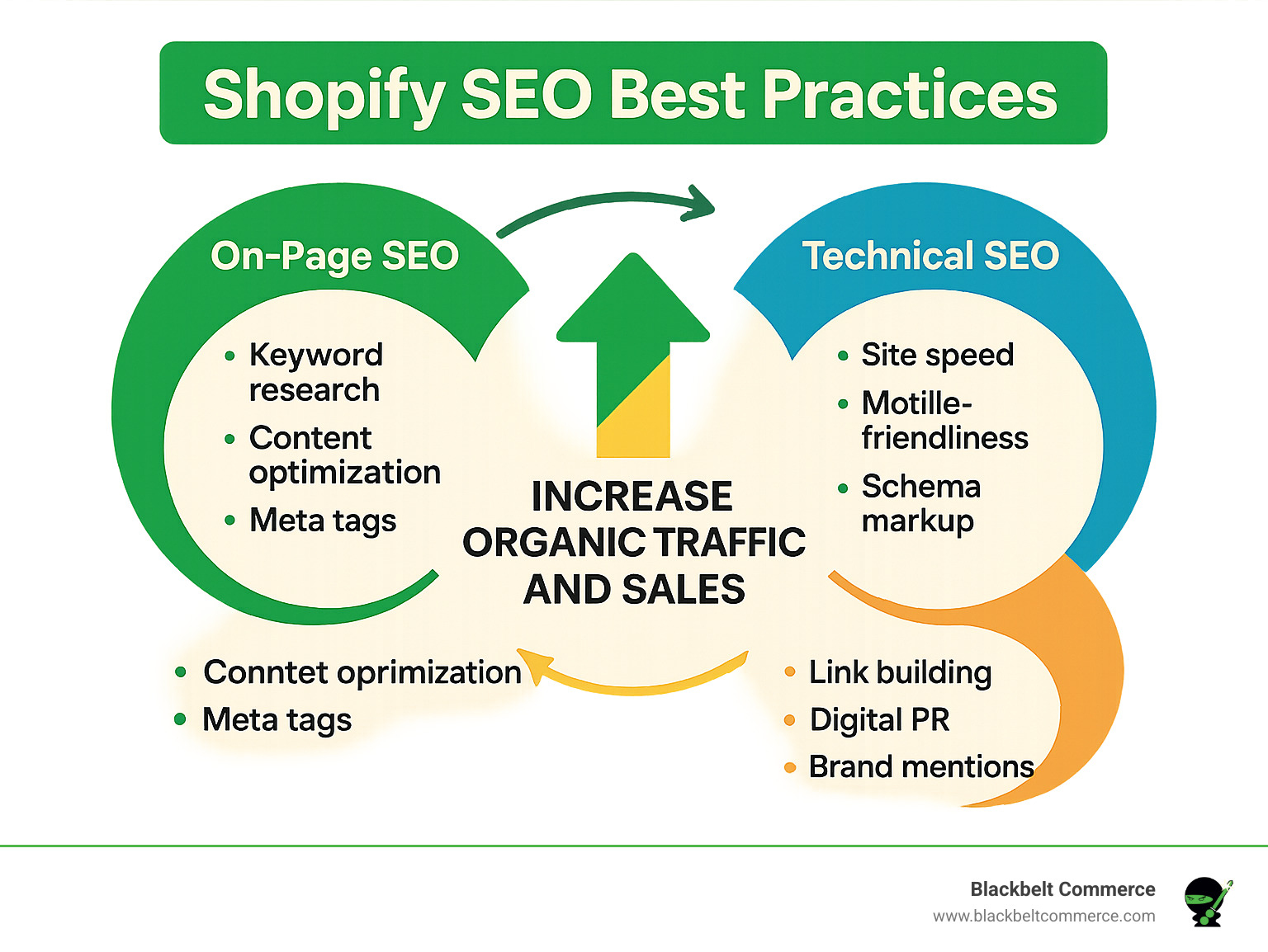 Comprehensive infographic showing the three core pillars of Shopify SEO: On-Page SEO (keyword research, content optimization, meta tags), Technical SEO (site speed, mobile-friendliness, schema markup), and Off-Page SEO (link building, digital PR, brand mentions), with arrows showing how they work together to increase organic traffic and sales - Shopify SEO best practices infographic 