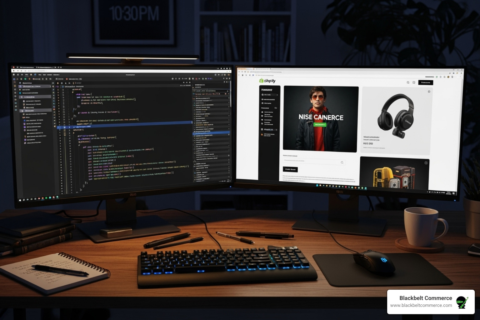 A developer's dual-monitor setup showing Shopify app code on one screen and a sleek storefront on the other, symbolizing custom development - nyc shopify app developers