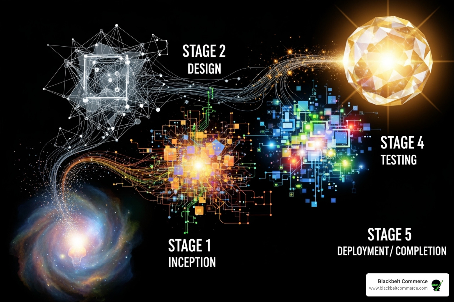 A flowchart illustrating the 5-step app development process: Findy, UI/UX Design, Development, Quality Assurance, Launch & Support - nyc shopify app developers