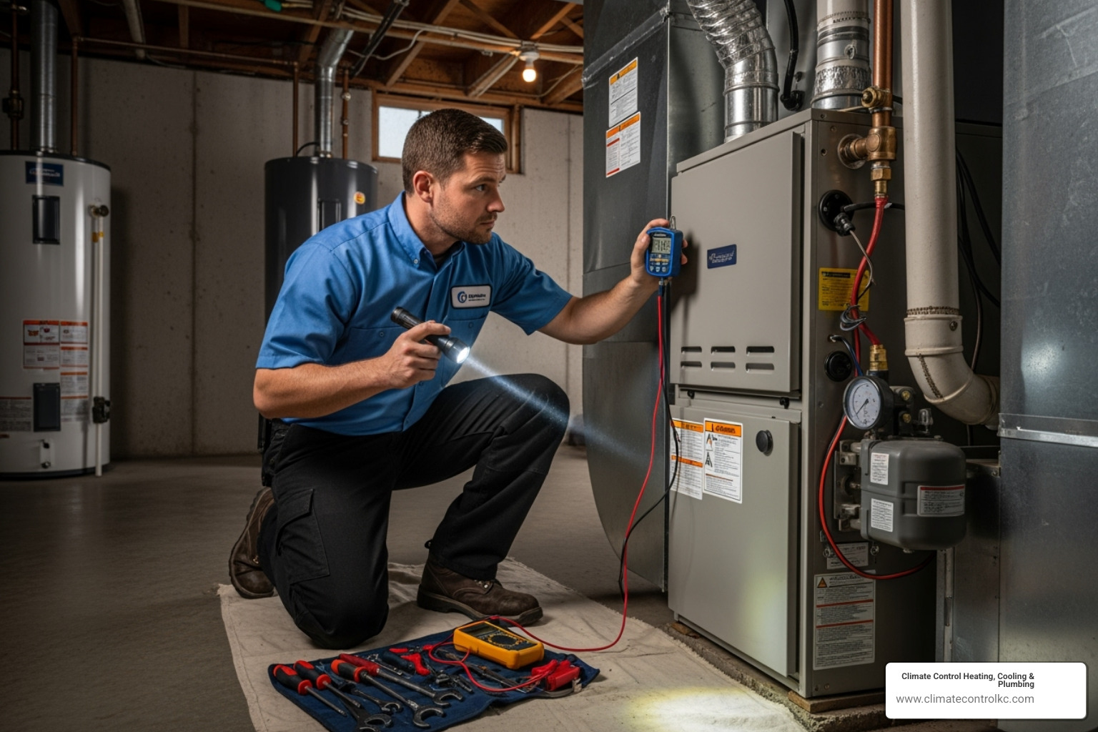 professional HVAC technician inspecting a furnace - heater blowing cold air professional HVAC technician inspecting a furnace - heater blowing cold air