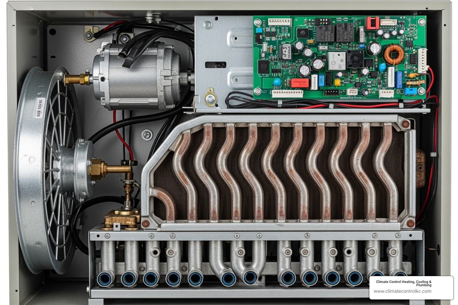 inside components of a gas furnace - heater blowing cold air