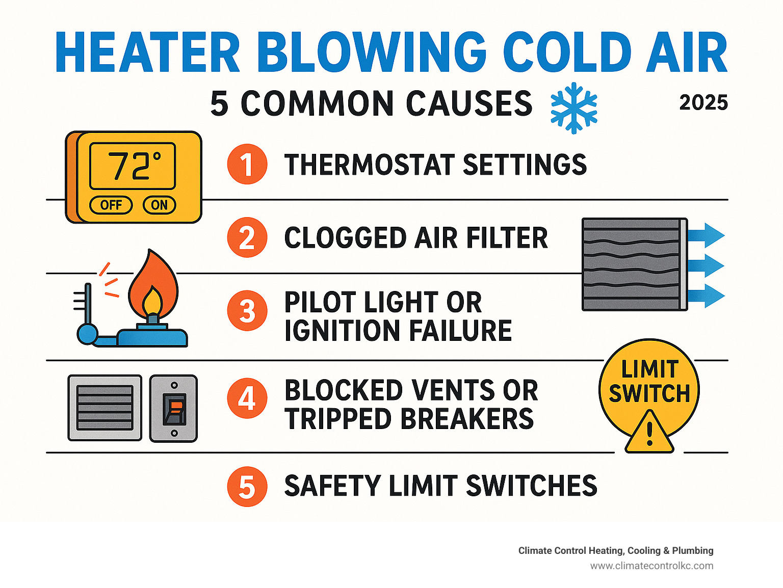 Infographic showing the 5 most common causes of a heater blowing cold air: thermostat settings with fan on wrong mode, clogged air filter blocking airflow, pilot light or ignition failure, blocked vents or tripped breakers, and safety limit switches shutting down the system - heater blowing cold air infographic 