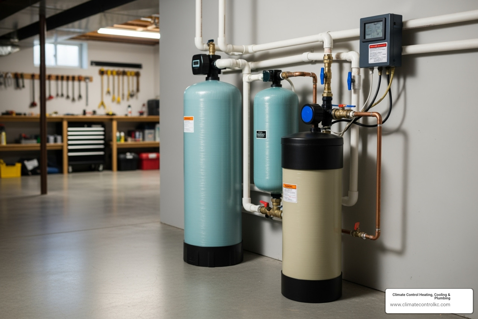 A whole-house water softener system installed in a clean basement - Hard water Kansas City A whole-house water softener system installed in a clean basement - Hard water Kansas City
