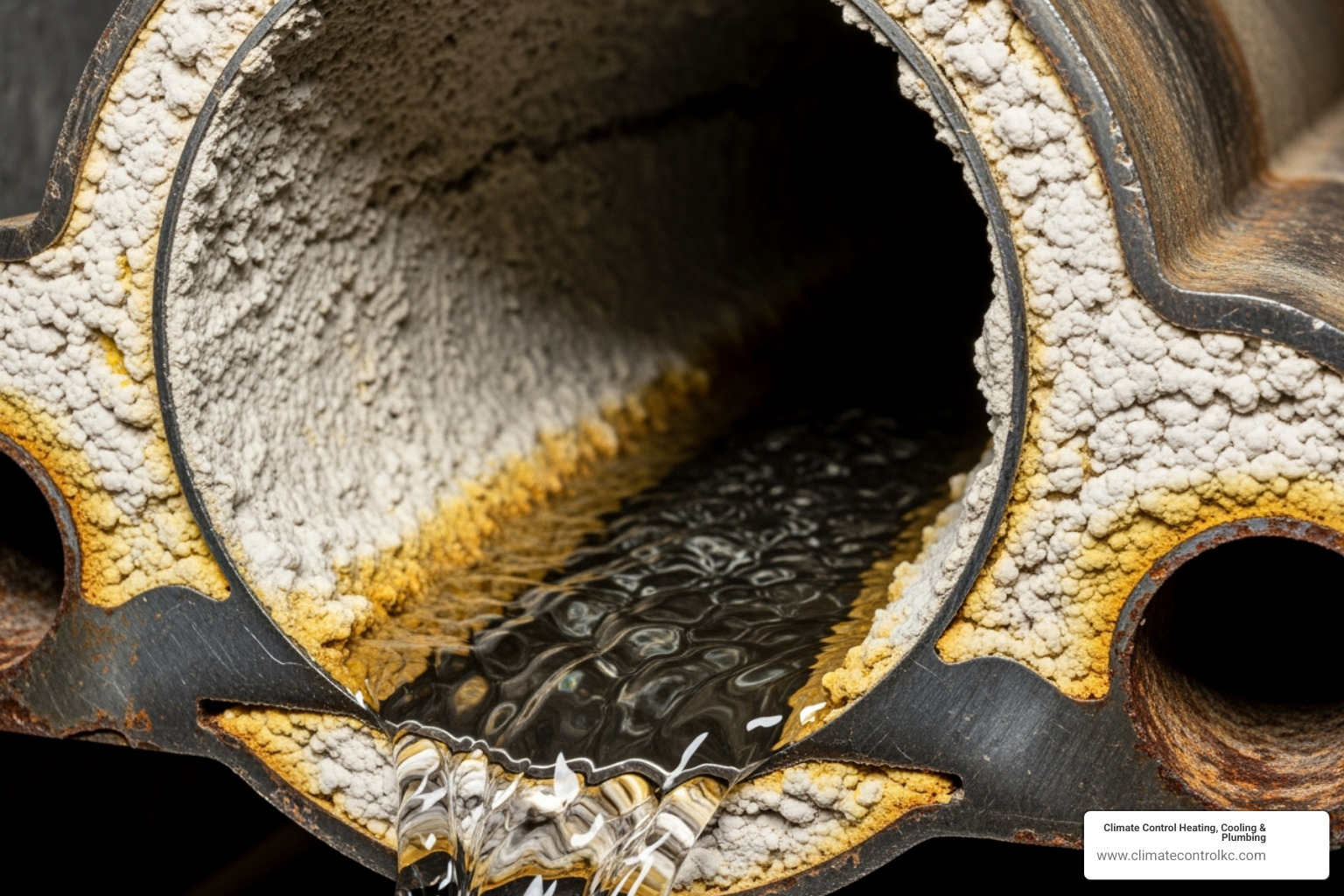 Water flowing through a pipe with mineral buildup shown - Hard water Kansas City