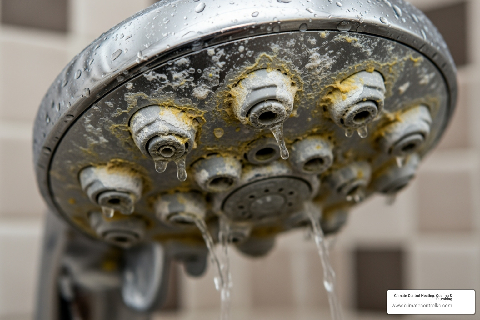A clogged showerhead with limescale buildup - Hard water Kansas City A clogged showerhead with limescale buildup - Hard water Kansas City