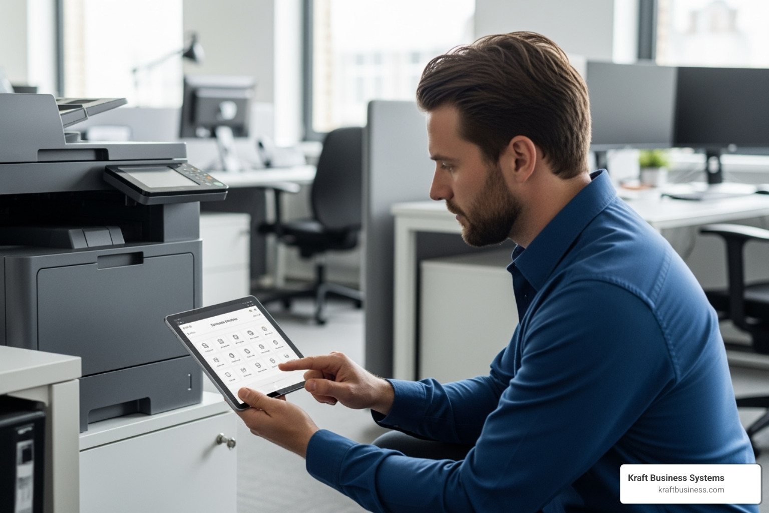 IT technician checking printer settings on a tablet - enterprise printer leasing