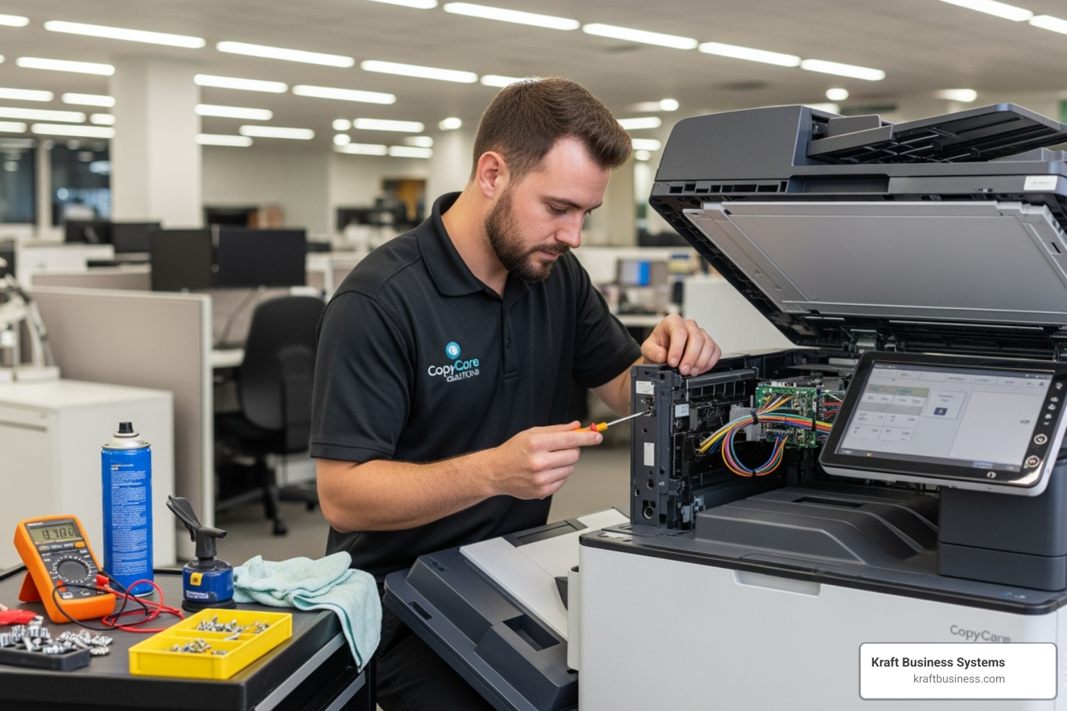 A service technician carefully maintains a large office copier, ensuring all components are in perfect working order. - enterprise printer leasing