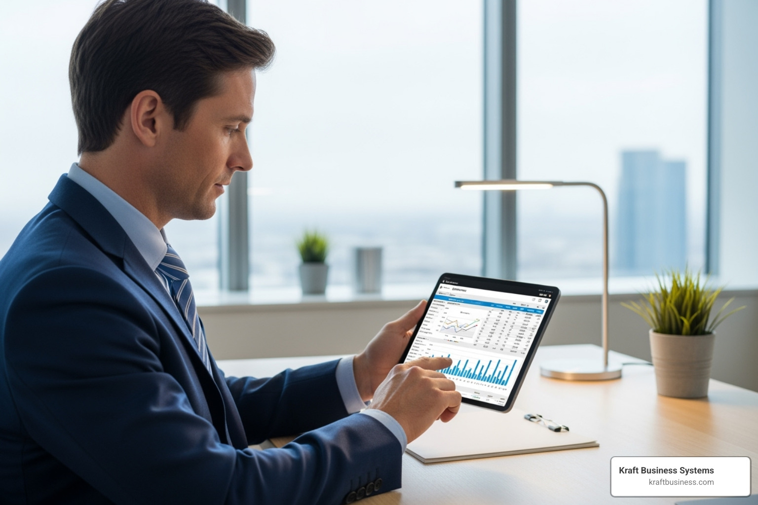 business professional reviewing a budget on a tablet - business copier leasing