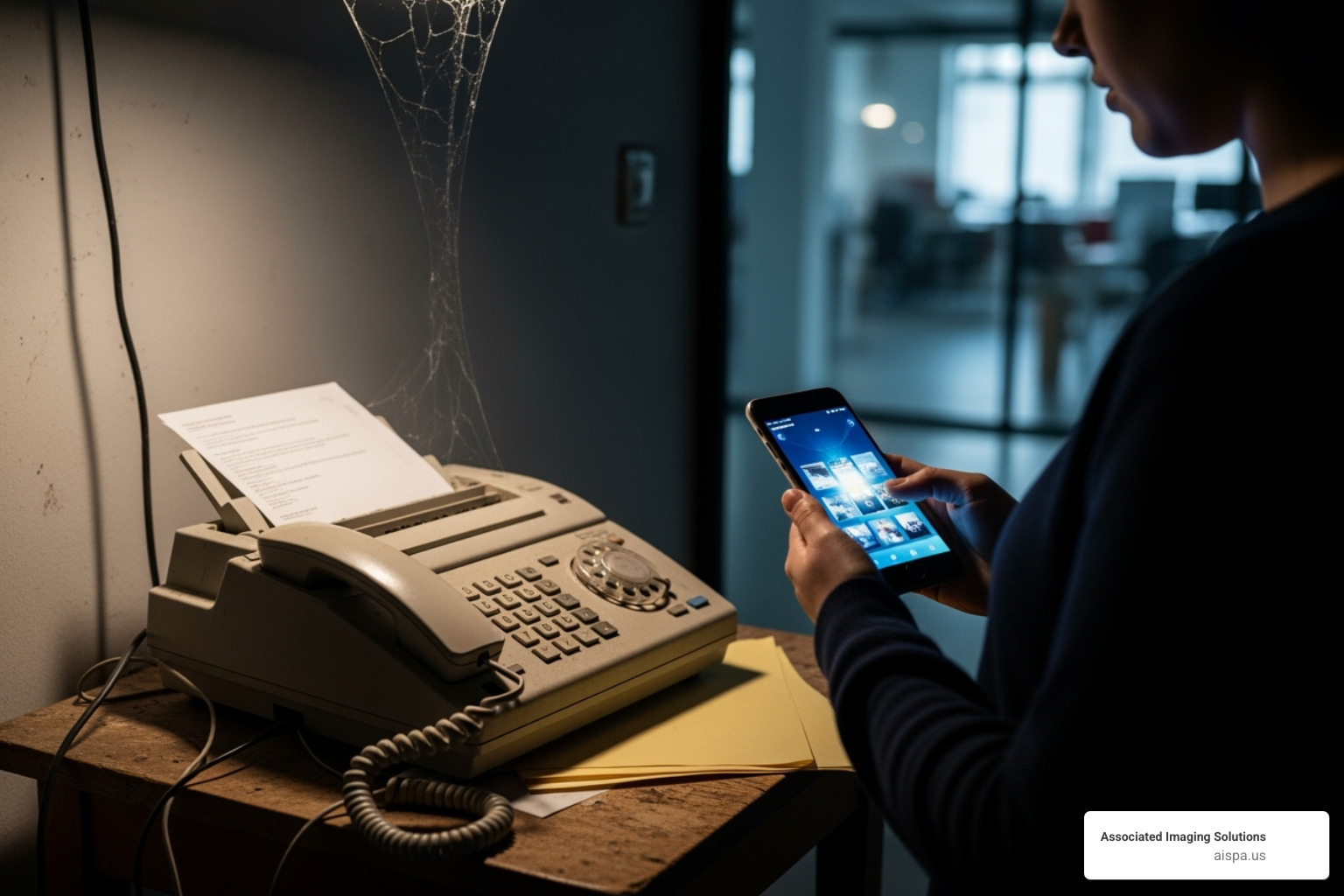 comparing a dusty, old fax machine in a corner to a person holding a sleek smartphone - can you fax from your phone