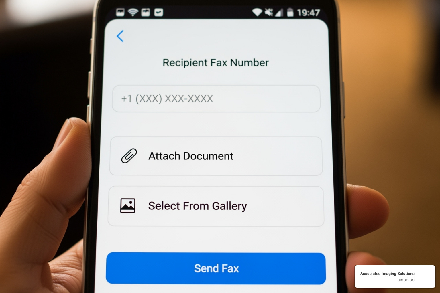 smartphone screen showing a clean, simple mobile fax app interface with fields for recipient number and attachments - can you fax from your phone