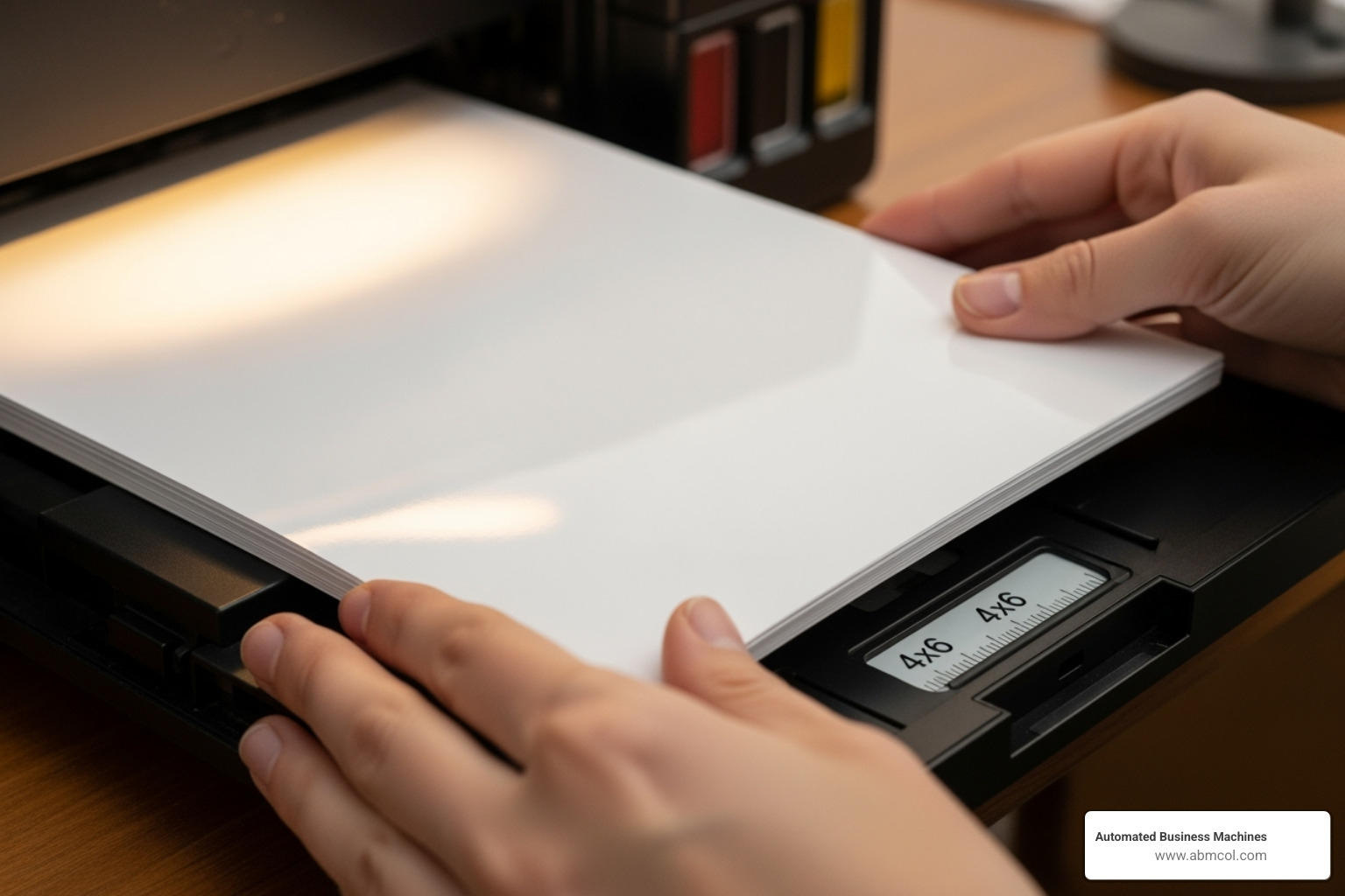 hands loading photo paper into a printer's rear tray - how to print on photo paper