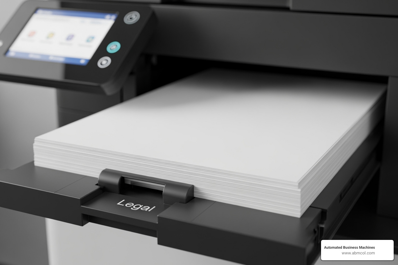 A close-up shot of a modern multifunction printer's paper tray, neatly loaded with a stack of legal size paper, ready for printing. - legal size copy paper