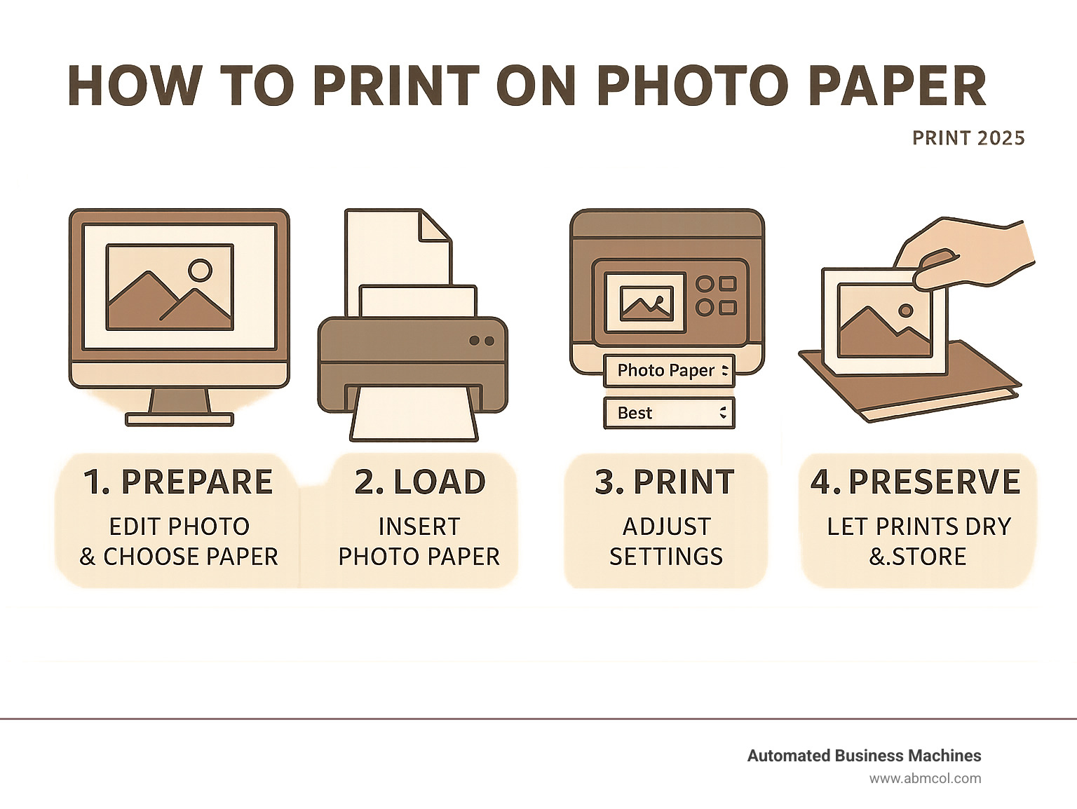 Step-by-step infographic showing the 4 key stages of photo printing: Stage 1 - Prepare (showing photo editing and paper selection), Stage 2 - Load (demonstrating proper paper placement in printer tray), Stage 3 - Print (illustrating printer settings and quality options), and Stage 4 - Preserve (showing proper drying and storage techniques) - how to print on photo paper infographic 