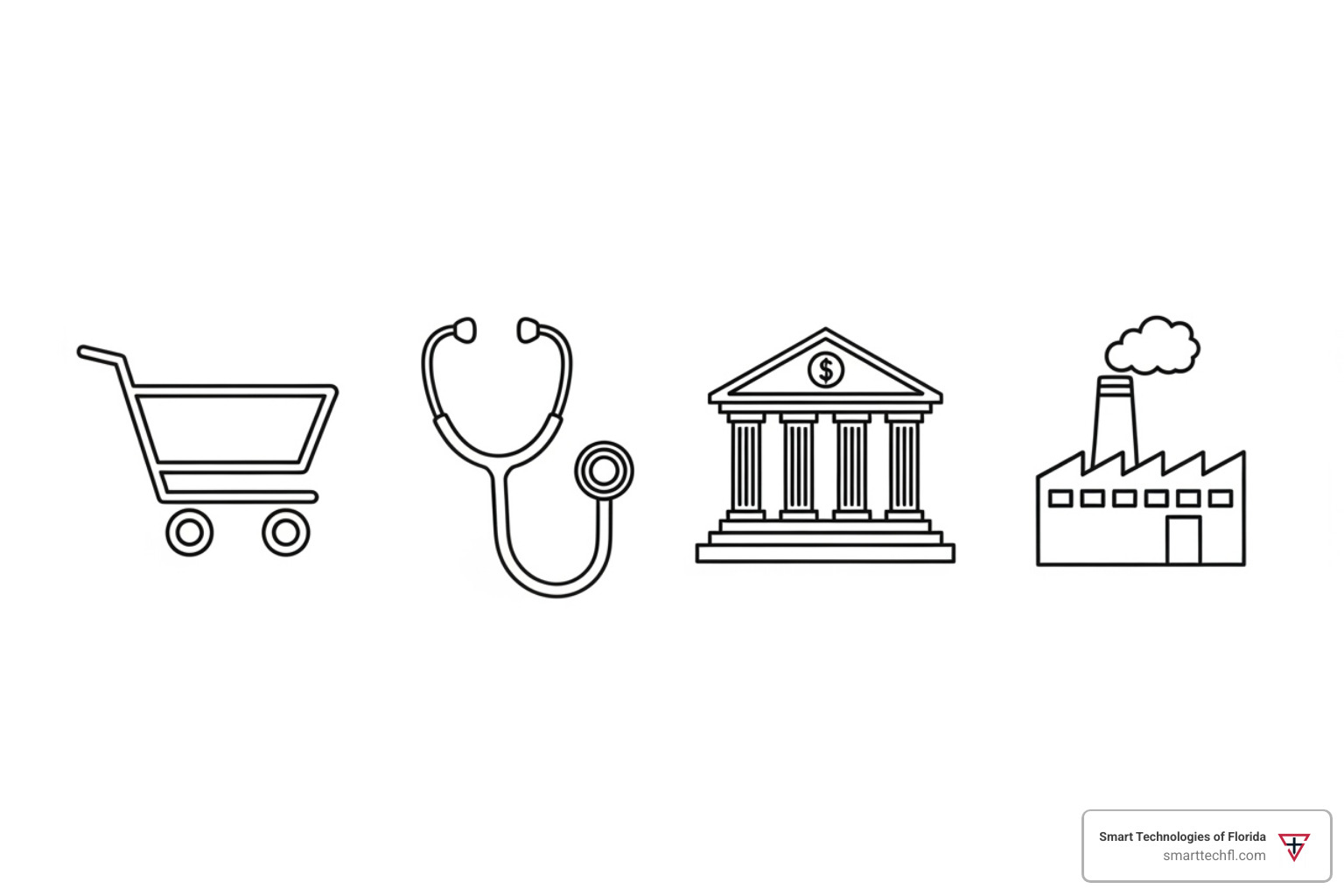 Various industry icons including a shopping cart for retail, a stethoscope for healthcare, a bank building for finance, and a factory for manufacturing - digital change for businesses