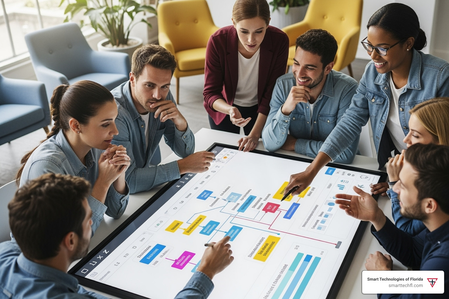 A diverse project team collaborating around a digital whiteboard, actively executing a plan with various tasks and timelines displayed - digital change for businesses