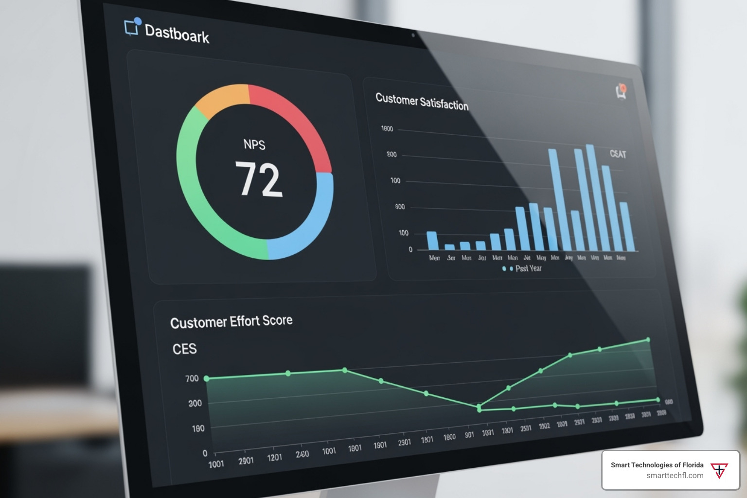 A customer feedback dashboard showing key metrics like NPS, CSAT, and CES with charts and graphs - improve retail customer experience