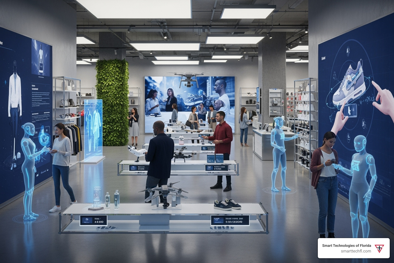 A futuristic retail store interior with AI assistants interacting with customers and interactive digital displays showcasing products - improve retail customer experience
