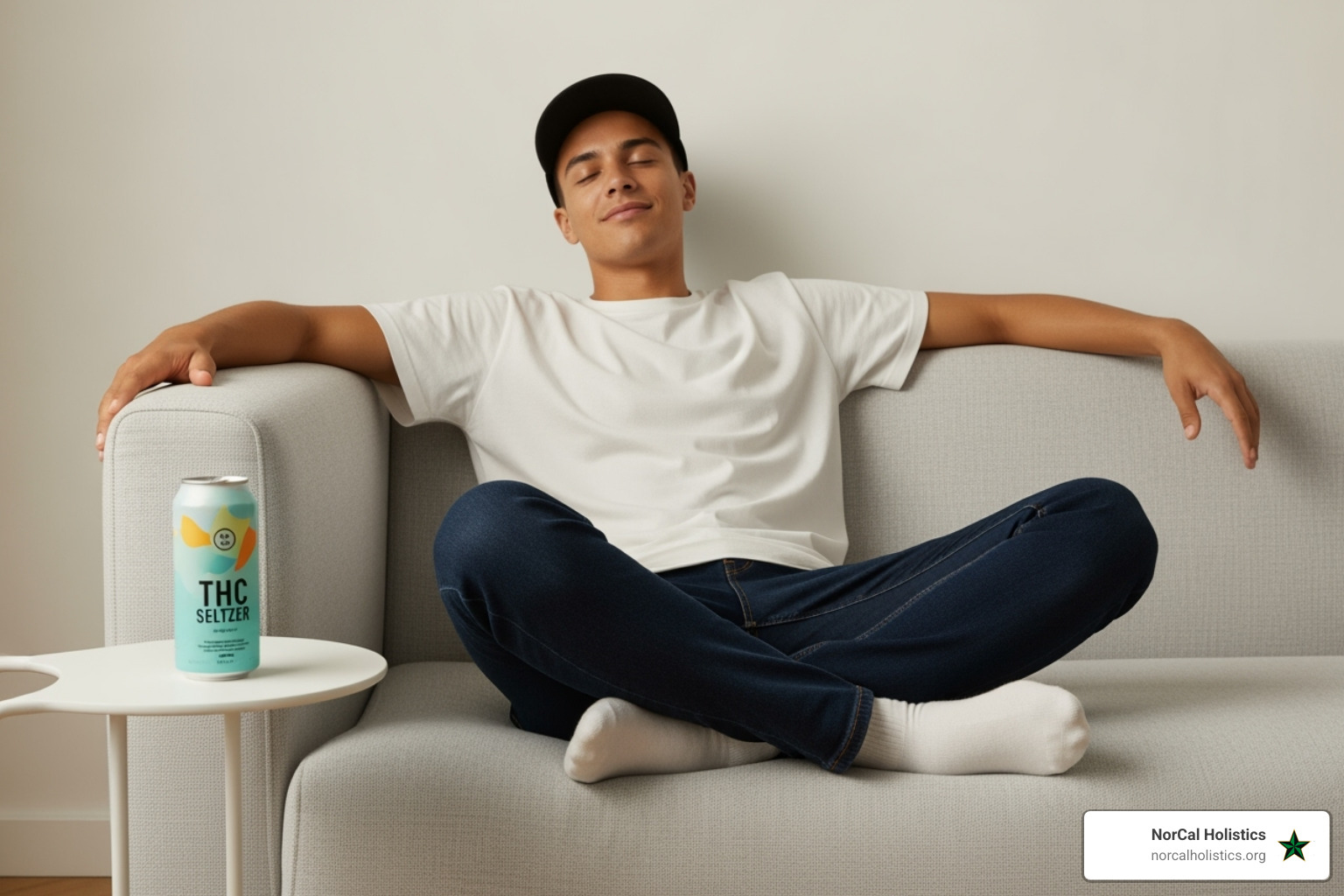 A serene image of a person relaxing comfortably on a modern, minimalist couch. They have a subtle, peaceful smile, and their eyes are closed. A stylish THC seltzer can or bottle is placed on a small side table next to them, suggesting a state of calm and freedom from discomfort. The lighting is soft and warm. - THC drinks for pain