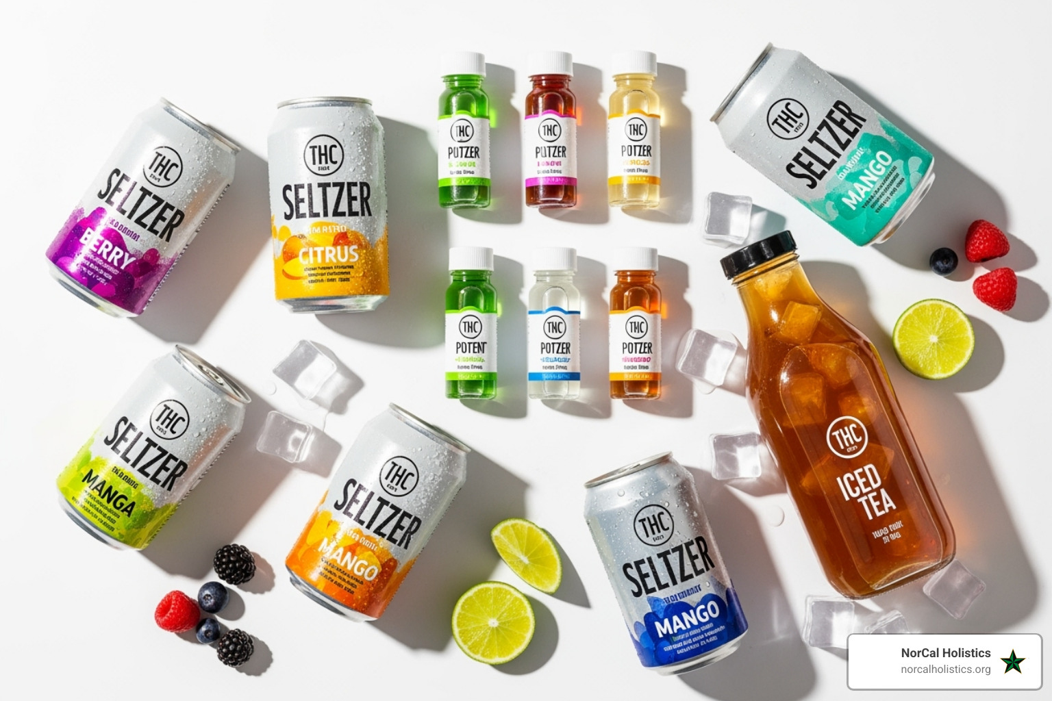 A vibrant, flat-lay image showcasing a diverse array of THC drink types. This includes sleek seltzer cans in various fruit flavors, small potent shots, and a classic-looking iced tea bottle, all arranged artfully to highlight their appealing packaging and liquid form. - THC drinks for pain
