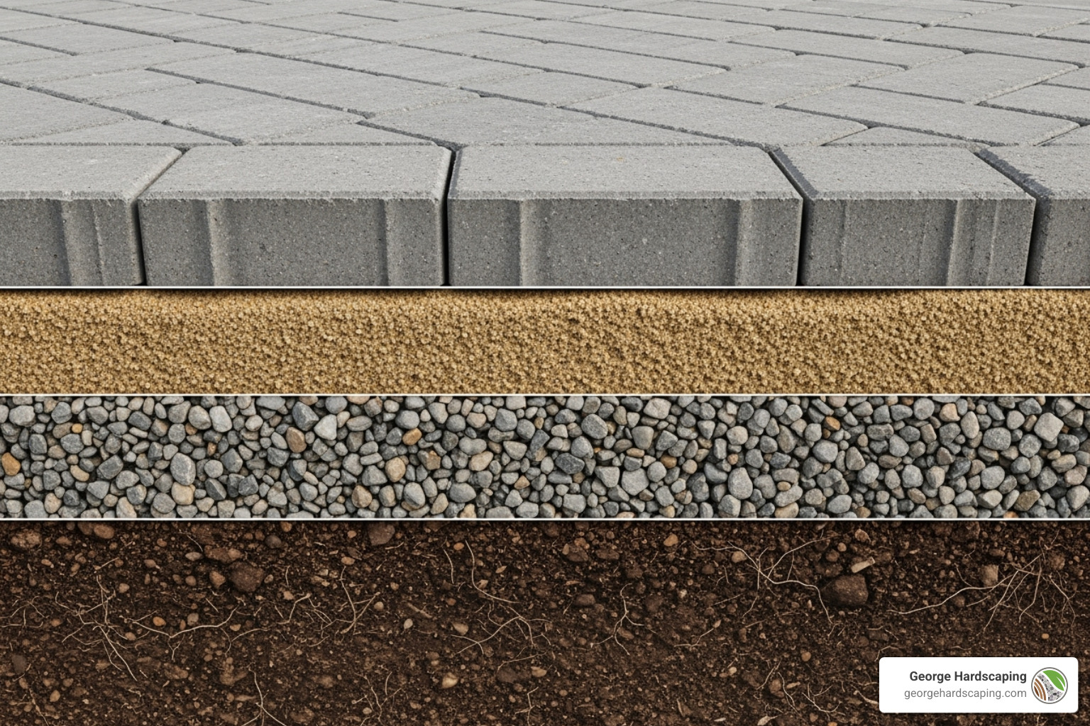 Cross-section of a paver walkway showing compacted subgrade, crushed stone base, 1-inch sand bedding, pavers, and polymeric sand joints cross-section of a paver walkway - how to install paving stone walkway