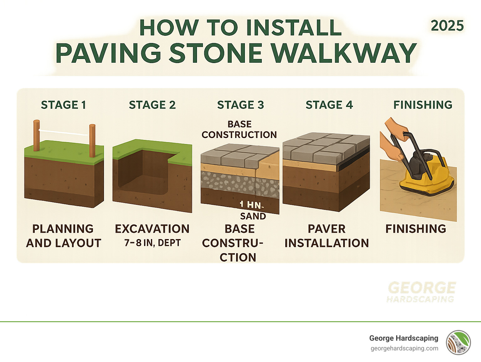 Infographic: Five core stages of a paver walkway install – planning, excavation, base, laying, and finishing Detailed infographic showing the 5 core stages of paver walkway installation with cross-section views: Stage 1 Planning and Layout with stakes and string lines, Stage 2 Excavation showing 7-8 inch depth removal, Stage 3 Base Construction displaying 4-6 inch gravel layer topped with 1 inch sand bed, Stage 4 Paver Installation demonstrating proper laying technique and edge restraints, and Stage 5 Finishing with polymeric sand application and compaction - how to install paving stone walkway infographic