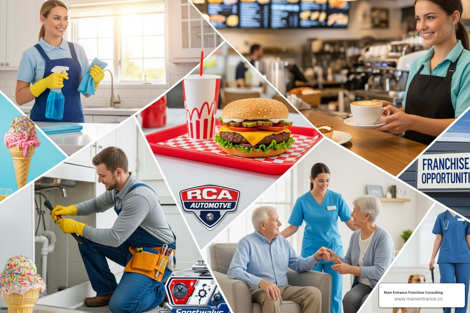 Collage showing different franchise industries like home services, food & beverage, and senior care - e2 visa franchise