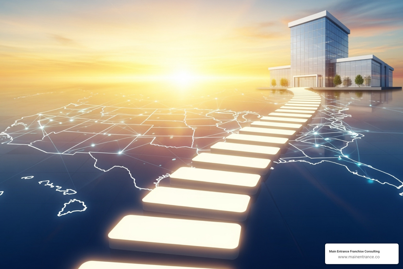 Flowchart illustrating the e-2 visa application steps: franchise selection, signing franchise agreement, committing funds, forming u. S. Company, assembling documentation, filing ds-160, consular interview - e2 visa franchise