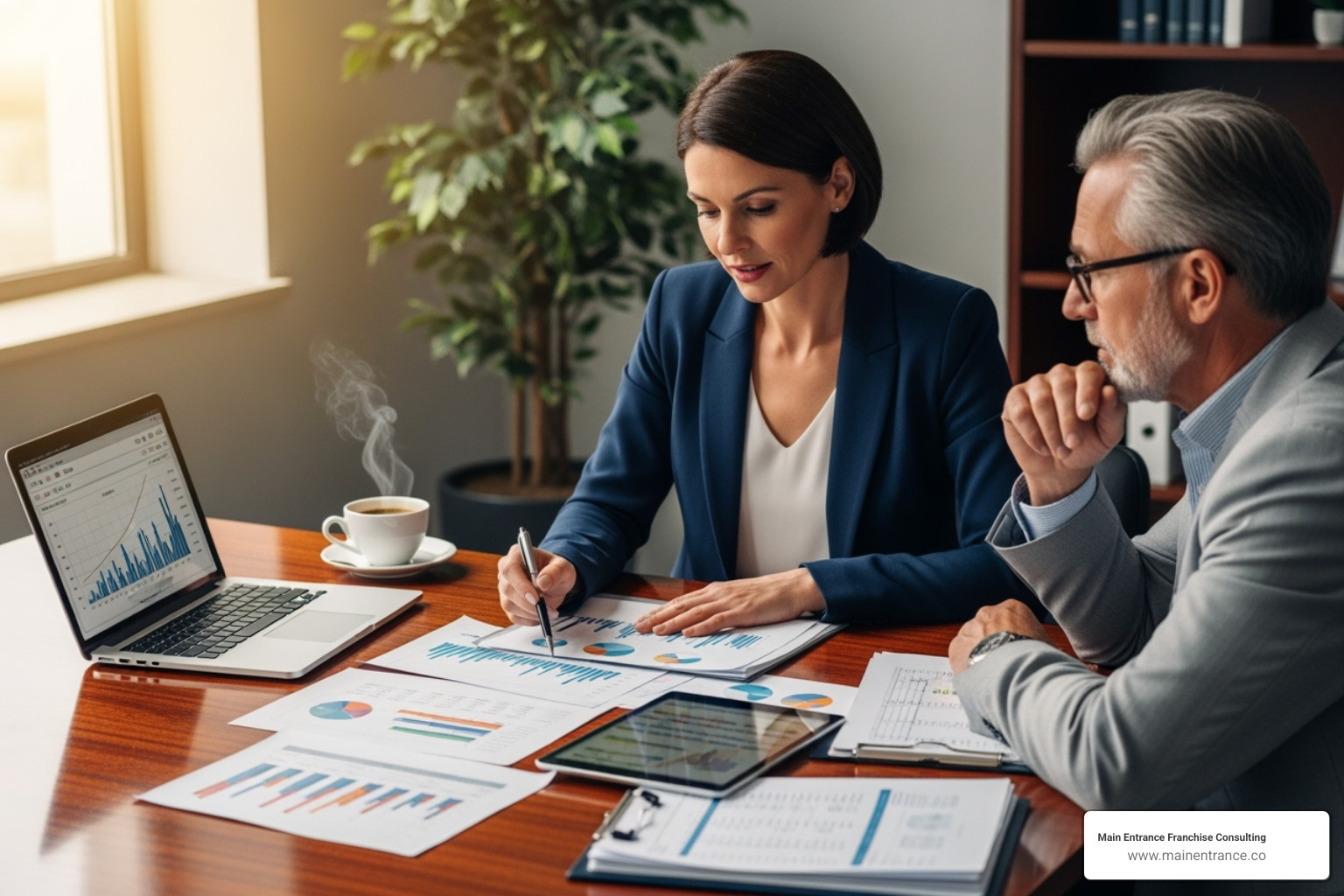 person reviewing financial documents with an advisor - franchise consultant