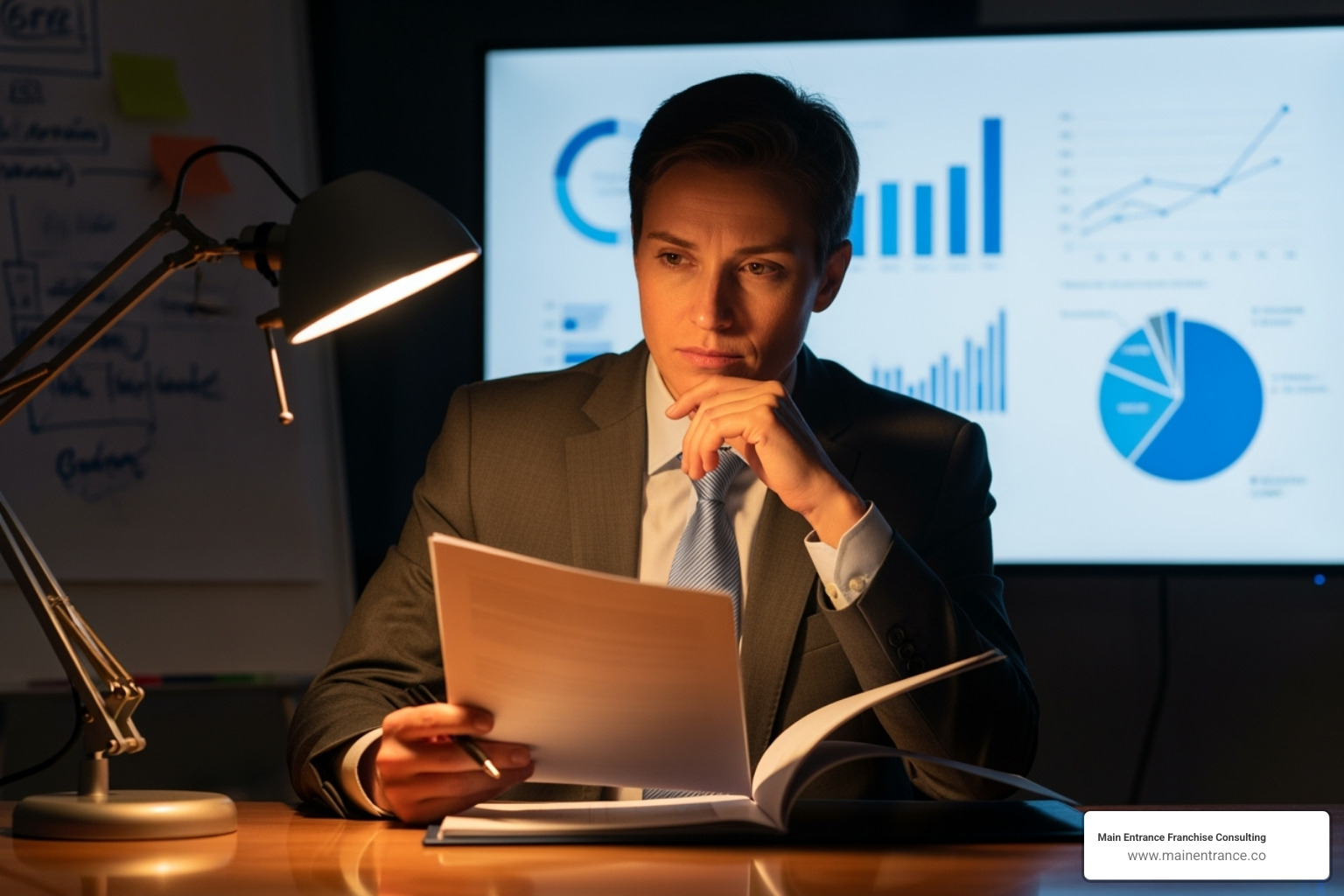 A person thoughtfully reviewing business documents, with charts and graphs in the background - buy a franchise usa
