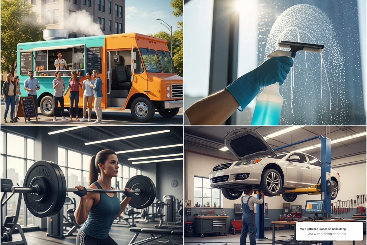 A collage representing diverse franchise industries: a food truck, a hand cleaning a window, a person lifting weights in a gym, and a car being serviced - buy a franchise usa