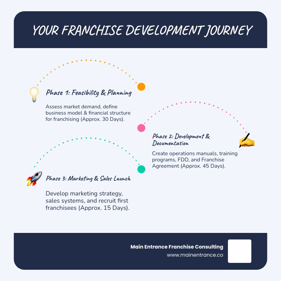 Infographic showing the franchise development process: phase 1 - feasibility and planning (30 days), phase 2 - development and documentation (45 days), phase 3 - marketing and launch (15 days), leading to franchise sales and ongoing growth - franchise development consultant infographic infographic-line-3-steps-blues-accent_colors