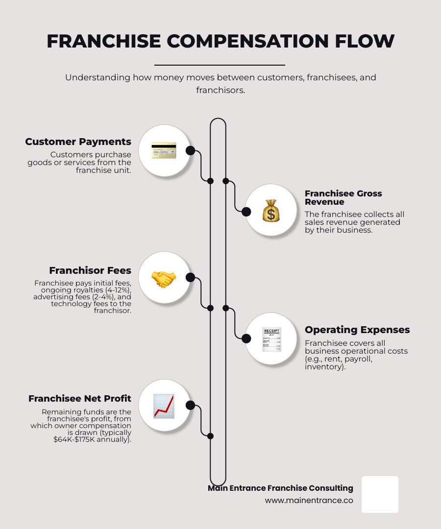 Detailed infographic showing the complete franchise compensation flow: customer payments flowing to franchisee, then portions going to franchisor as royalties, advertising fees, and technology fees, with remaining profit staying with franchisee as owner compensation - franchise compensation models infographic infographic-line-5-steps-neat_beige