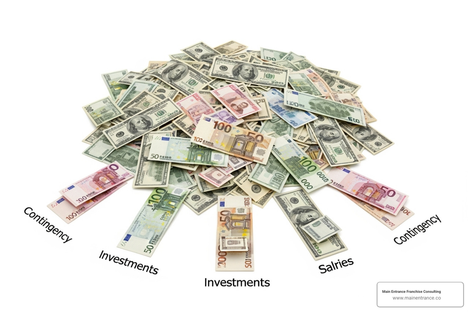 Pie chart showing a franchisee's revenue breakdown: 60% sales revenue, 10% labor costs, 5% rent & utilities, 8% royalty fees, 2% advertising fees, 15% franchisee profit - franchise compensation models