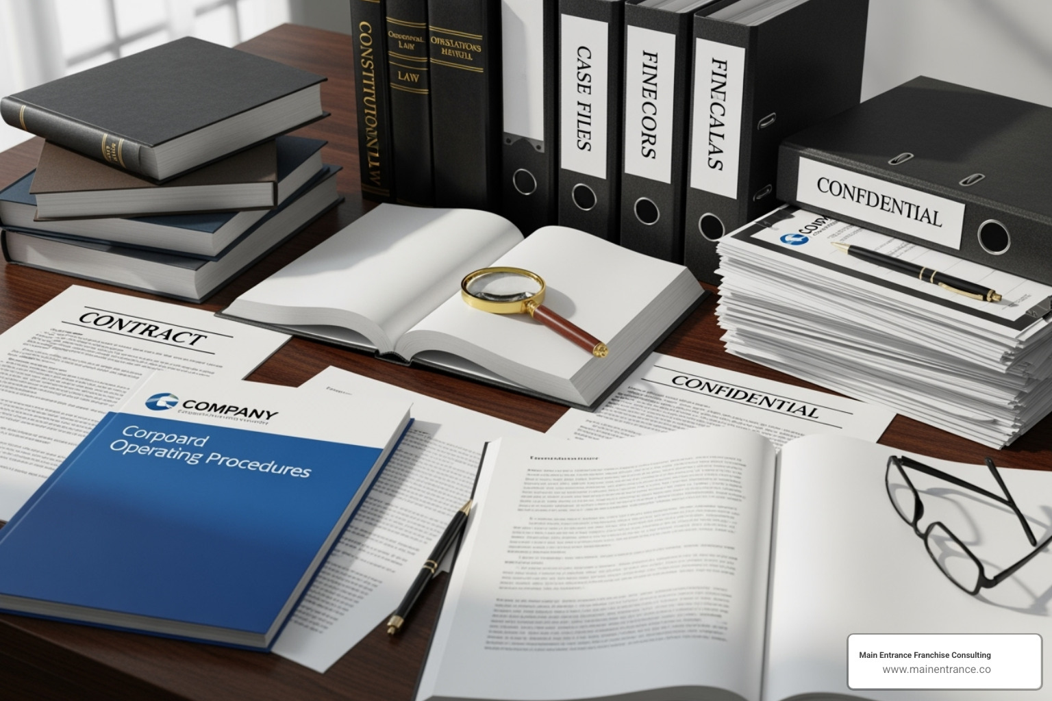 Legal documents and operations manuals on a desk - franchise development consultant