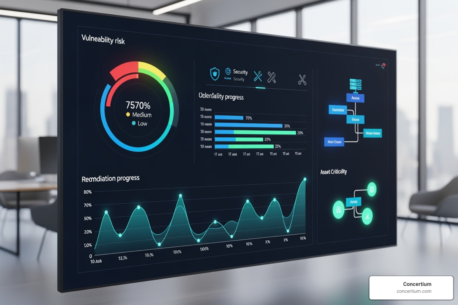 Vulnerability management dashboard showing identified risks, remediation progress, and asset criticality - vulnerability risk assessment