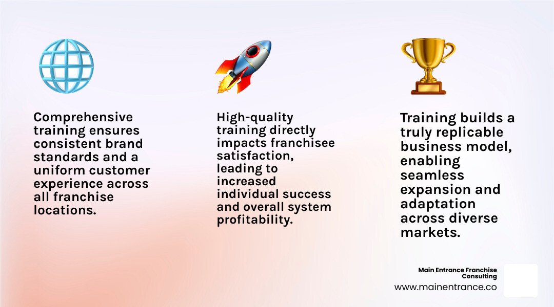 Comprehensive breakdown of franchise business training benefits including reduced business risk, faster time to profitability, consistent brand experience, ongoing support systems, and measurable performance improvements for both franchisees and franchisors - franchise business training infographic 3_facts_emoji_light-gradient