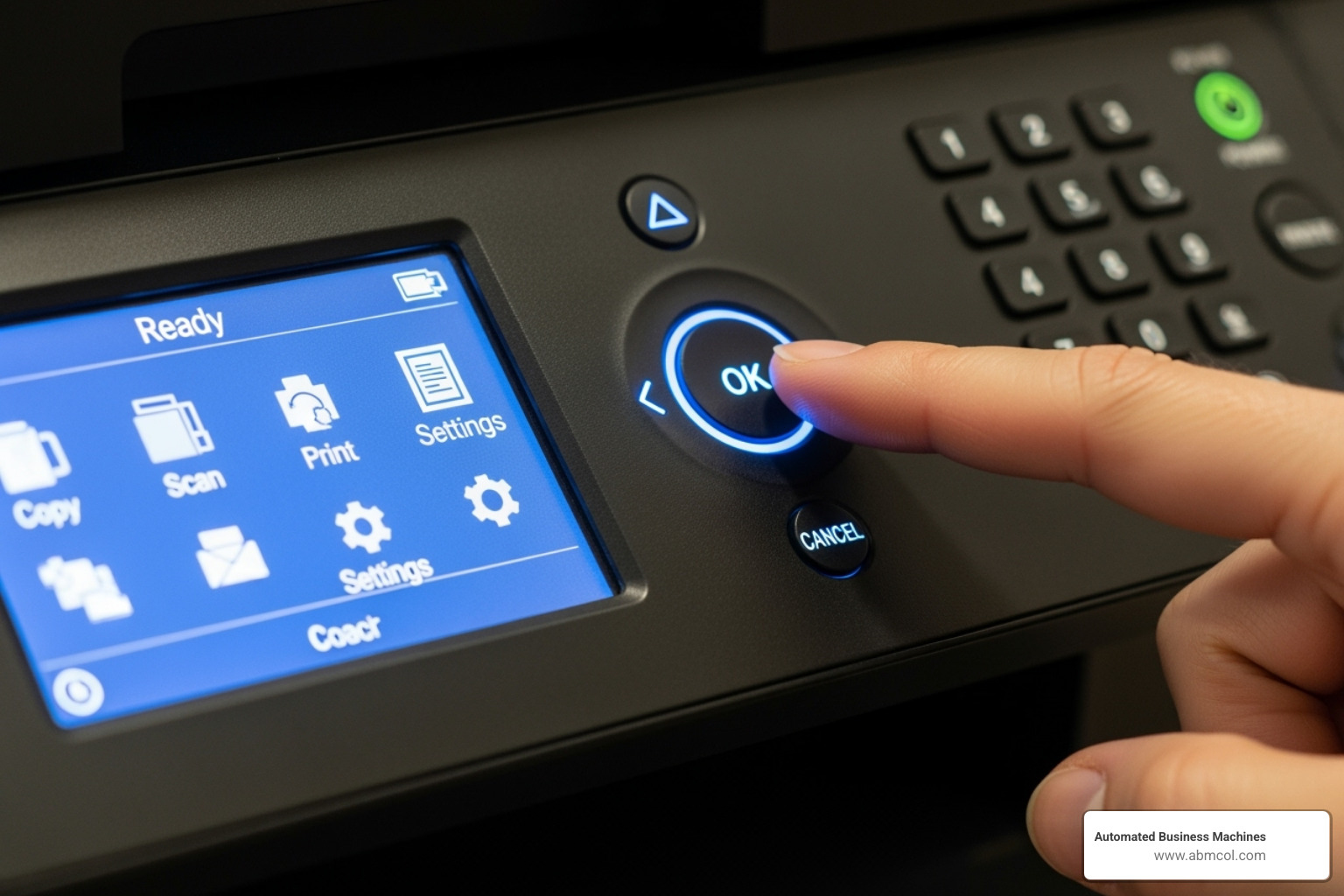 A printer's control panel with a finger pressing a button - how to make printer print test page