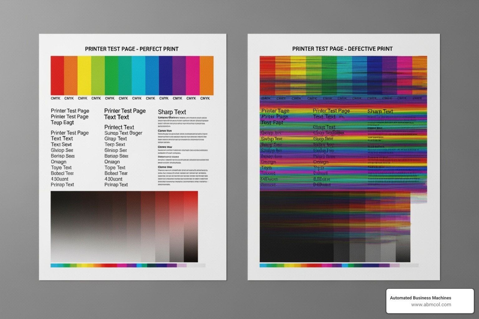 A perfect color test page next to one with streaks and faded colors, highlighting the difference - how to make printer print test page