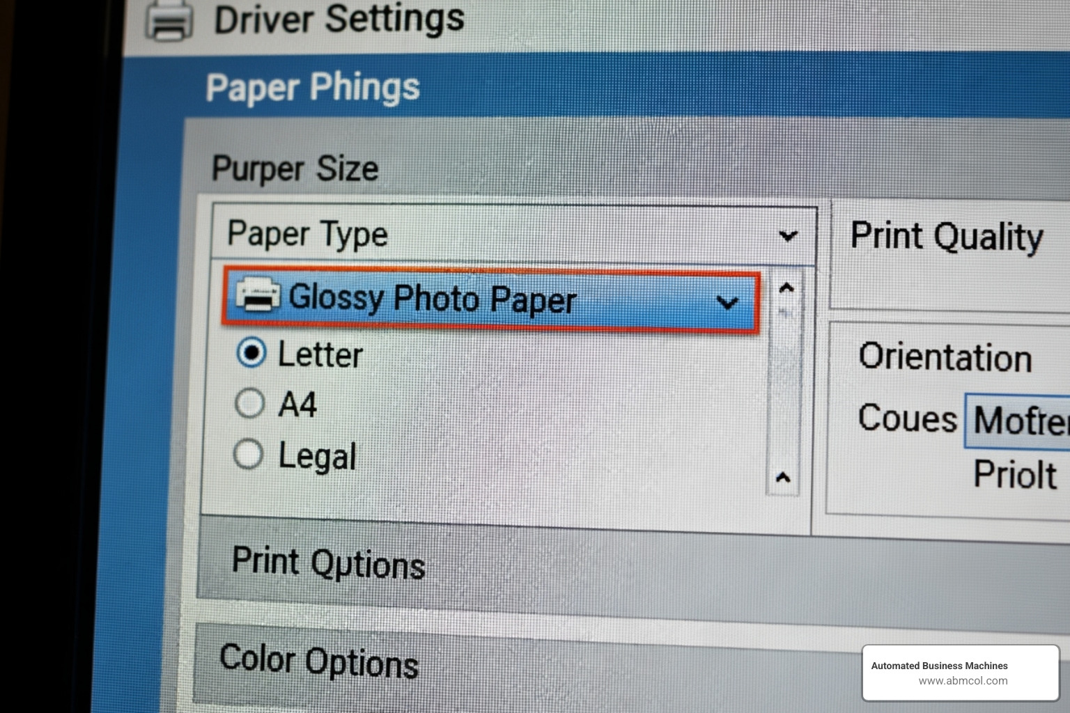of a printer driver dialog box showing paper type selection - best photo paper for laser printers