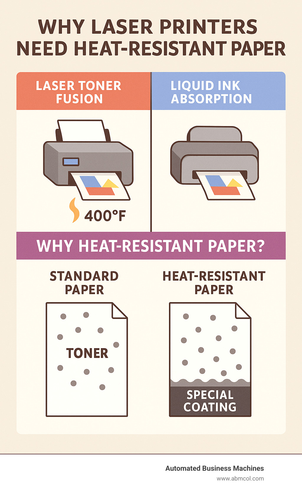 Infographic showing laser toner fusion process at 400°F versus inkjet liquid ink absorption, highlighting why laser printers need heat-resistant paper with special surface coatings for proper toner adhesion - best photo paper for laser printers infographic 