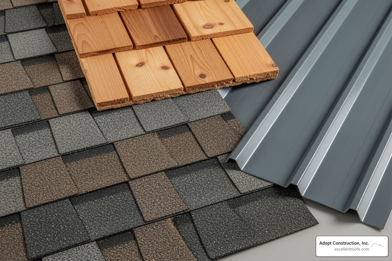 An image showing various roofing materials like asphalt shingles, cedar shakes, and metal panels - roof repair