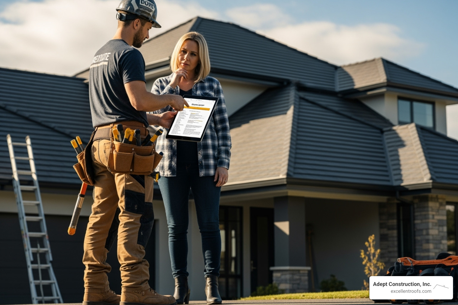 A roofer providing a homeowner with a detailed quote on a tablet - roof repair