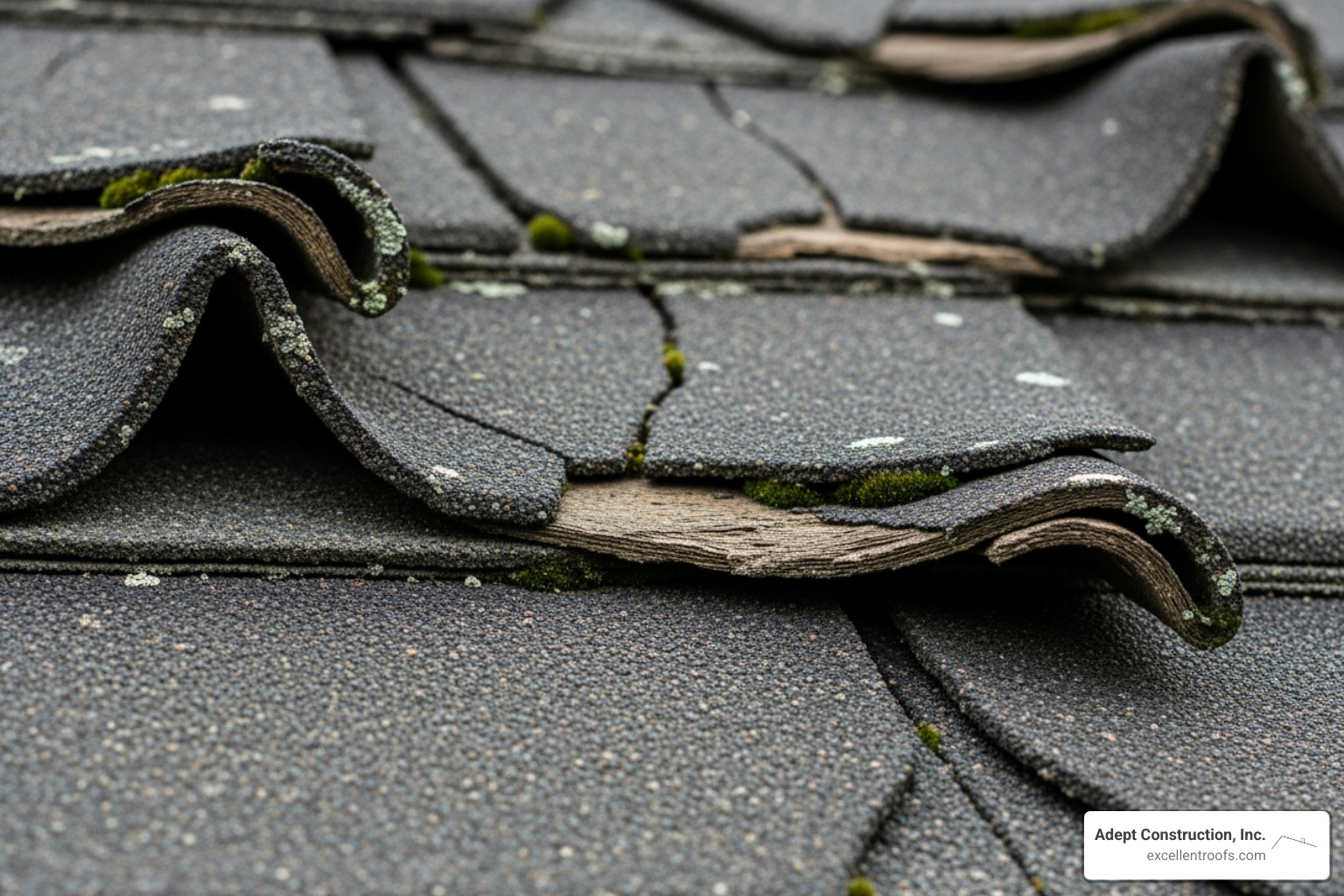 An image showing close-up curling and cracked asphalt shingles - roof repair