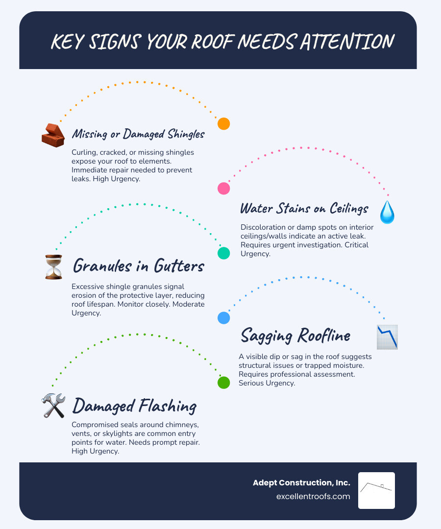 Comprehensive infographic showing visual signs of roof damage including missing shingles, water stains on ceilings, granules in gutters, curling shingles, damaged flashing around chimneys, and sagging roof areas with corresponding repair urgency levels - roof repair infographic infographic-line-5-steps-blues-accent_colors