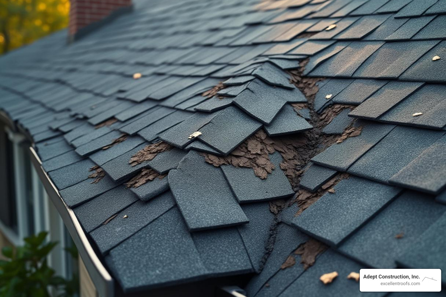 A roof with visible storm damage, including missing shingles and debris - roof repair